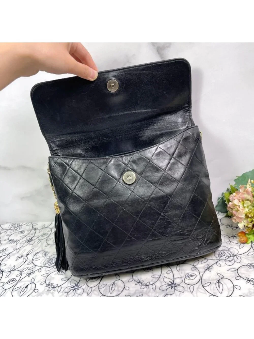 Chanel Vintage Quilted CC Logo Fringe Black
